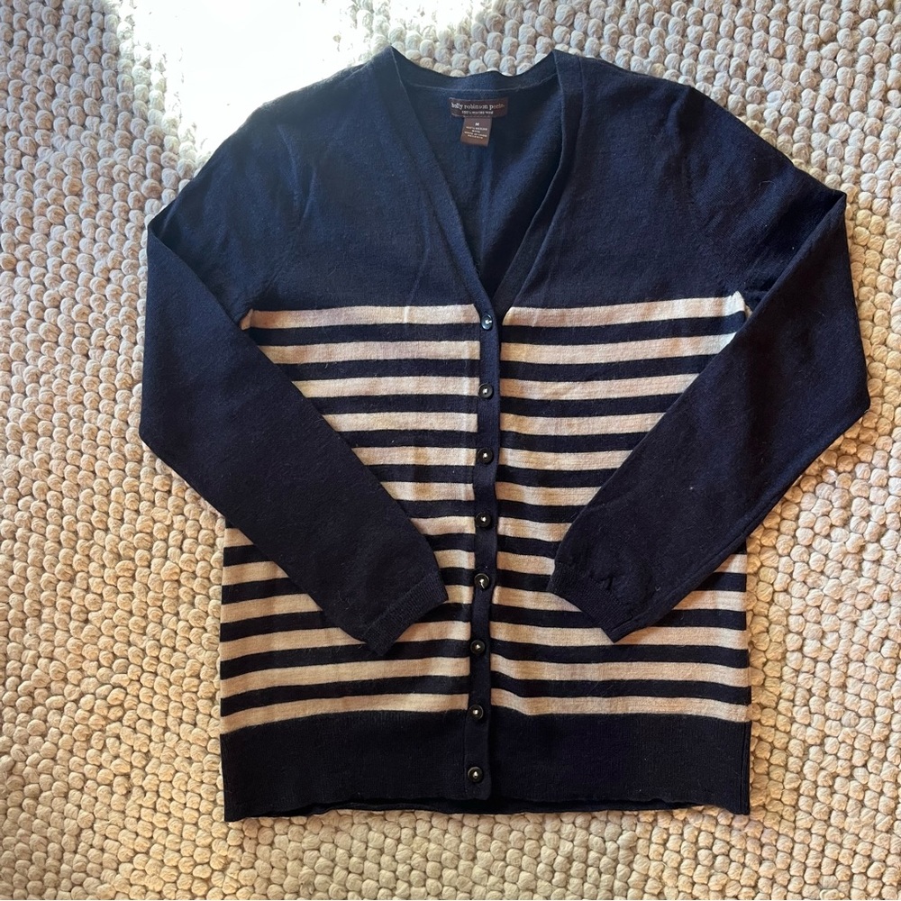 Classic Navy and off white Striped merino wool Cardigan